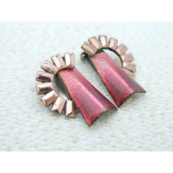VTG RARE MATISSE Renoir Copper Red Enamel Fan Shape Clip Earrings - Picture 3 of 3